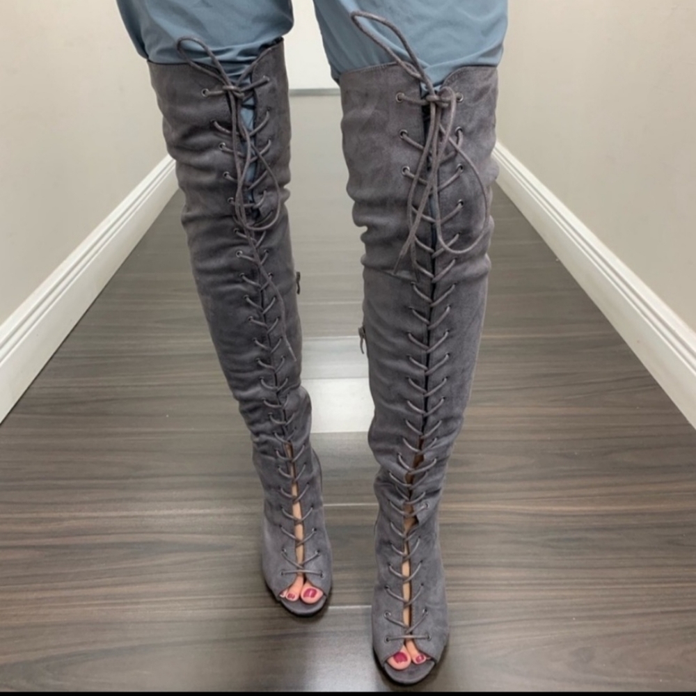 Lace up over the knee open toe boot sandal